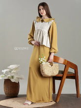 Golden Modest Maxi Dress with Hakoba Shrug by YEZWE featuring long sleeves and a layered collar design